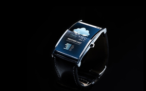 modern technology, weather cast, object and media concept - close up of black smart watch with meteo forecast on screen