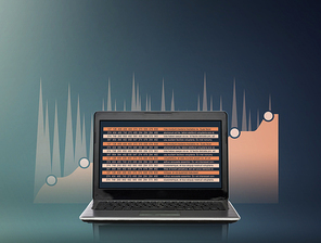 technology, statistics, economics and business concept - laptop computer with chart on screen over gray background