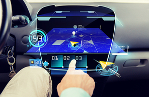 transport, driving, technology, navigation and people concept - close up of male hand using gps navigator application on car computer