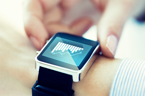 business, technology, progress, statistics and people concept - lose up of hands with diagram chart on smartwatch screen
