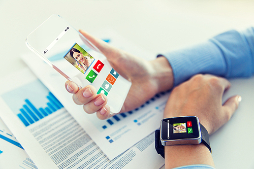 business, technology, communication, connection and people concept - close up of woman hand holding transparent smartphone and smartwatch with incoming call at office