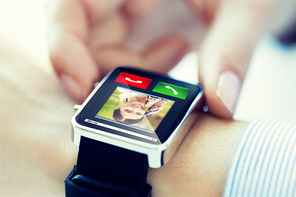 business, technology, communication, connection and people concept - close up of woman hands with incoming call on smartwatch screen