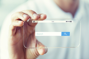 business, technology and people concept - close up of male hand holding and showing transparent smartphone with internet browser search bar