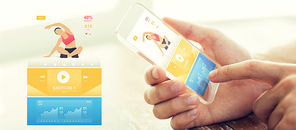people, technology, sport and fitness concept - close up of male hand with smartphone with sports application on screen