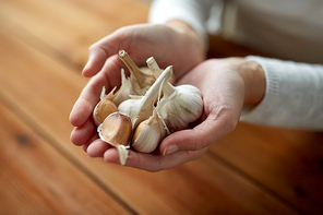 health, people, food, traditional medicine and ethnoscience concept - woman hands holding garlic for cooking or healing