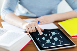 education, science, technology and people concept - close up of student woman with molecule formula tablet pc computer and notebook at home