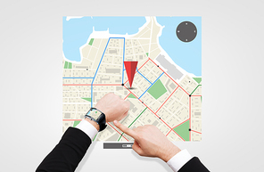 business, people and modern technology concept - close up of businessman pointing to smart watch at his hand with gps navigator map on screen