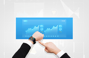 business, multimedia, people and modern technology concept - close up of businessman pointing to smart watch at his hand with menu icons on screen over chart diagram