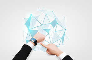 business, media, network, people and modern technology concept - close up of businessman pointing to smart watch at his hand with news on screen over low poly shape
