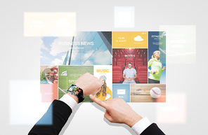 business, people, media and modern technology concept - close up of businessman pointing to smart watch at his hand with news application