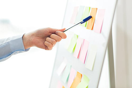 office, business, people and education concept - close up of hand with pen pointing to blank sticker on white board