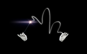performance, illusion, circus, show concept - magician hands in gloves with illuminating magic wand showing trick over black background