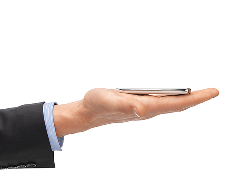 technology, business and communication concept - close up of man hand with smartphone