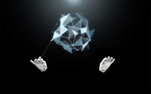 performance, illusion, technology and virtual reality concept - magician hands in gloves with magic wand showing trick with low poly virtual shape over black background