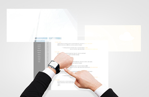 business, people, programming and modern technology concept - close up of businessman hand pointing to smart watch screen with coding