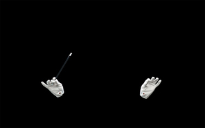 performance, illusion, circus, show concept - magician hands in gloves with magic wand showing trick over black background