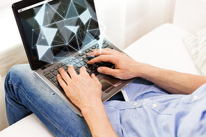science, cyberspace, people and 3d technology concept - close up of male hands typing on laptop computer with low poly projection at home