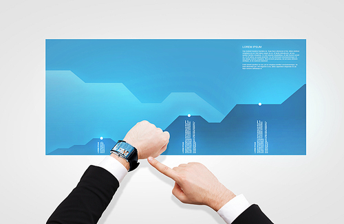 business, people, analytics and modern technology concept - close up of businessman pointing to smart watch at his hand with news on screen over chart diagram