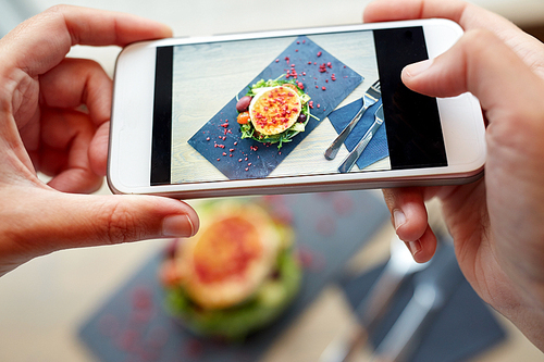 food, culinary, technology and people concept - woman hands with smartphone photographing goat cheese salad with vegetables and dried raspberries at restaurant or cafe