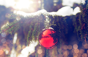 winter holidays and decoration concept - red christmas ball on fir tree branch covered with snow
