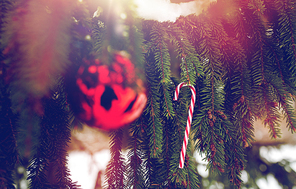 winter holidays and decoration concept - candy cane and christmas ball on fir tree branch covered with snow