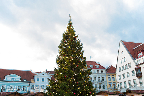 holidays and decoration concept - christmas tree at old town hall square in tallinn