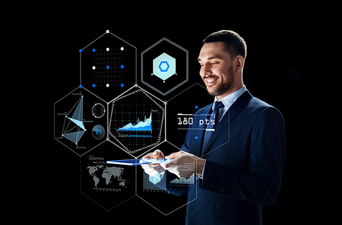 business, people, augmented reality and modern technology concept - businessman in suit working with transparent tablet pc computer and virtual screen projection over black background