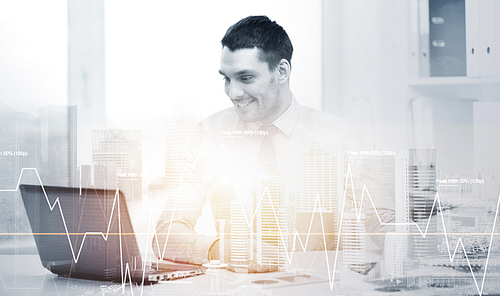 business, technology and statistics concept - smiling businessman with laptop computer and diagram chart at office over city background and double exposure effect