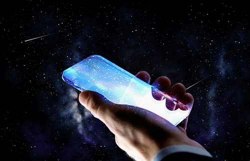 business, people and future technology concept - close up of businessman hand with transparent smartphone over space background
