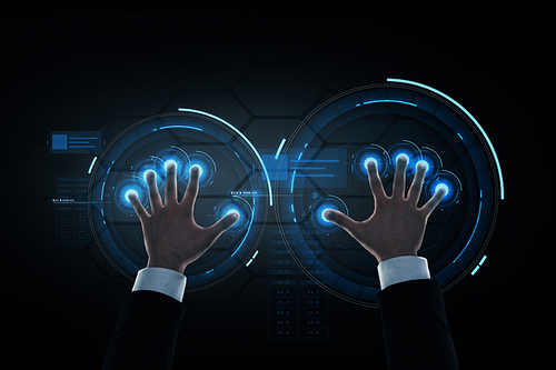 business, people and future technology concept - close up of businessman hands with virtual projection over black background