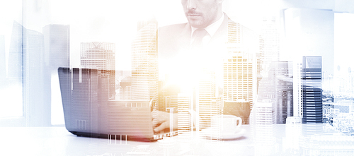 business, technology and internet concept - businessman with laptop computer and coffee at office over city background and double exposure effect
