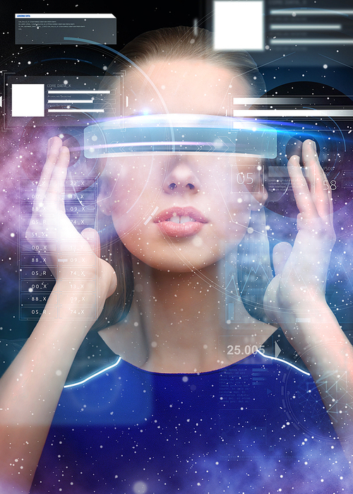 augmented reality, science, future technology and people concept - beautiful woman in futuristic 3d glasses with virtual charts projection over space background