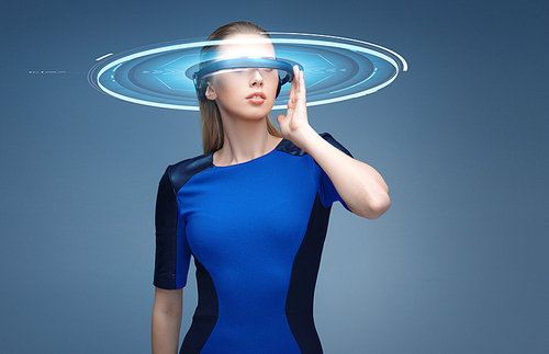 augmented reality, science, technology and people concept - beautiful woman in futuristic 3d glasses with virtual projection over blue background