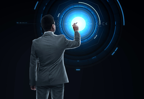 business, people and technology concept - businessman with marker and virtual screen from back over black background