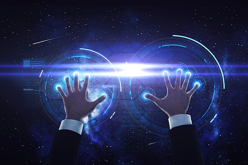 business, people and future technology concept - close up of businessman hands with virtual projection over space background