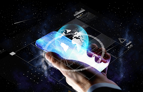 business, people and future technology concept - close up of businessman hand with  smartphone and virtual earth projection over space background