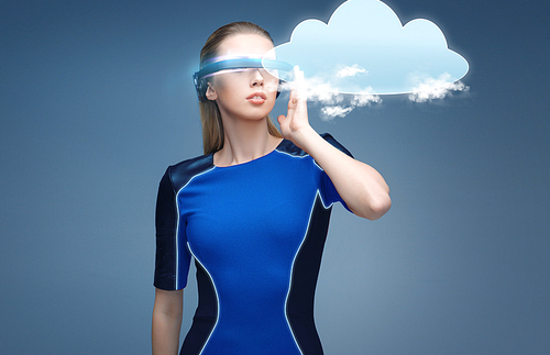 augmented reality, science, technology and people concept - beautiful woman in futuristic 3d glasses with virtual cloud projection over blue background