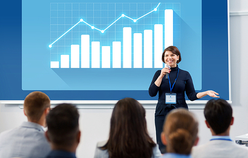 business, statistics and people concept - smiling businesswoman or lecturer with microphone and diagram chart on projection screen talking to group of students at conference presentation or lecture