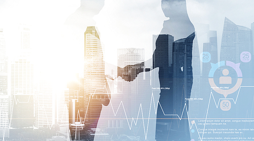 business, partnership and cooperation concept - businessman and businesswoman silhouettes shaking hands over city background