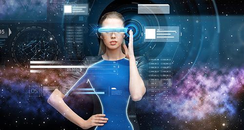 augmented reality, science, future technology and people concept - beautiful woman in futuristic 3d glasses with virual charts projection over space background