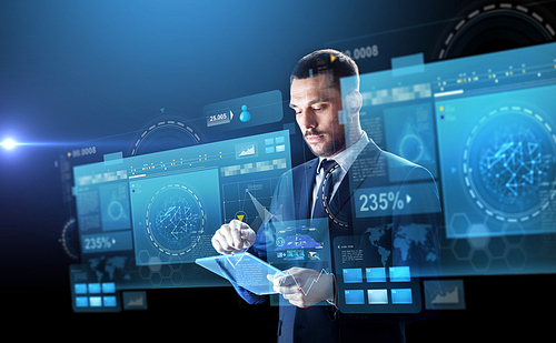 business, people and future technology concept - businessman in suit working with transparent tablet pc computer and virtual screens projection over  background