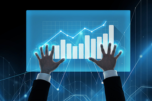 business, statistics, and future technology concept - close up of businessman hands with virtual screen and diagram charts projection over black background