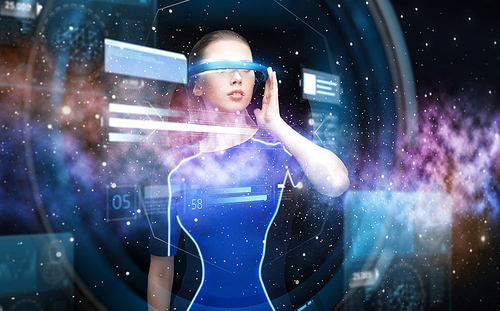 augmented reality, science, future technology and people concept - beautiful woman in futuristic 3d glasses with virtual charts projection over space background