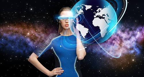 augmented reality, science, future technology and people concept - beautiful woman in futuristic 3d glasses with virtual earth projection over space background