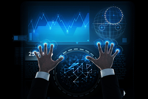 business, statistics, and future technology concept - close up of businessman hands with virtual screen and diagram charts projection over black background