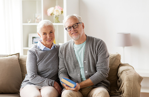 relationships, old age and people concept - happy senior couple sitting on sofa at home