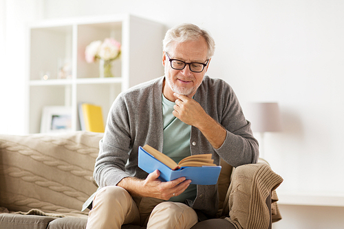 old age, leisure and people concept - senior man sitting on sofa and reading book at home