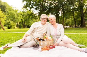 old age, holidays, leisure and people concept - happy senior couple with picnic basket sitting on blanket at summer park