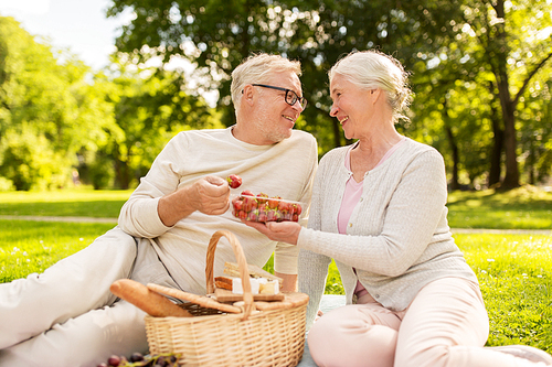 old age, leisure and people concept - happy senior couple with picnic basket eating strawberries at summer park