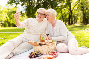 old age, leisure and people concept - happy senior couple with picnic basket and wine taking selfie by smartphone at summer park